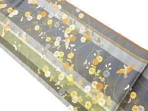 変わり縞に花鳥模様織出し袋帯